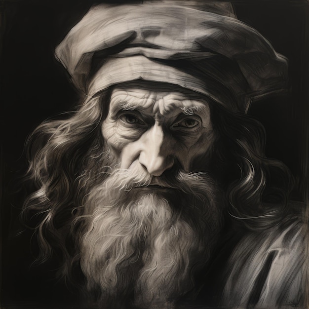 Black And White Digital Painting Of An Old Man In Turban