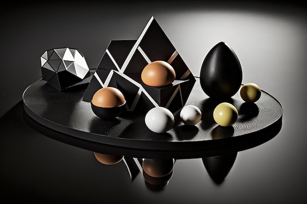 A black and white display of different colored eggs and a pyramid.