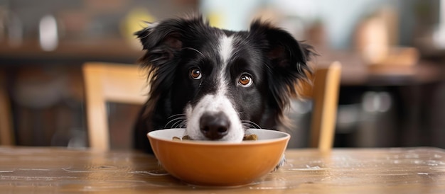 黒と白の犬が鉢から食べている