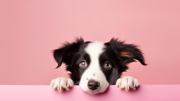 A black and white dog looking over a pink surface