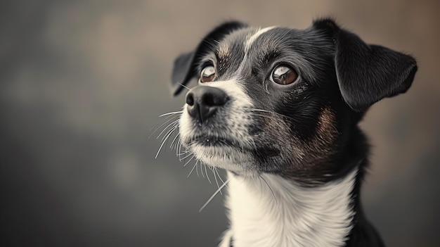A black and white dog looking up at the camera
