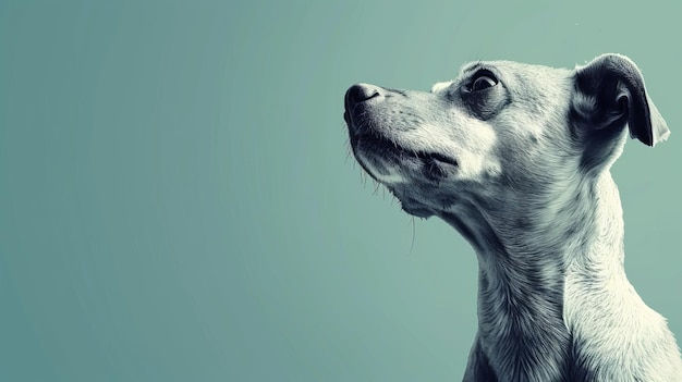 A black and white dog looking up at something