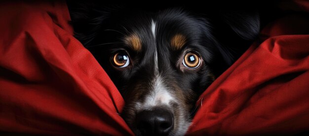 Black and white dog peeking from under red blanket