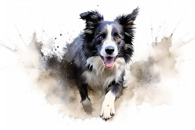 A black and white dog running in the dirt Generative AI image