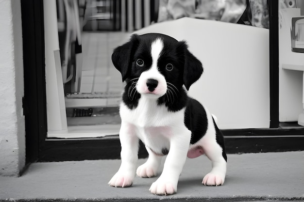 A black and white dog sits on a porch in front of a window.