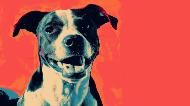 A black and white dog sitting on a red background