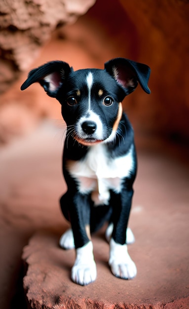 A black and white dog sitting on a red surface.