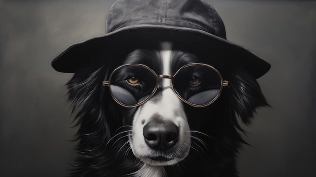 A black and white dog wearing glasses and a hat