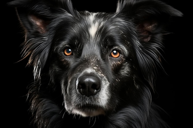 a black and white dog with orange eyes on a black background