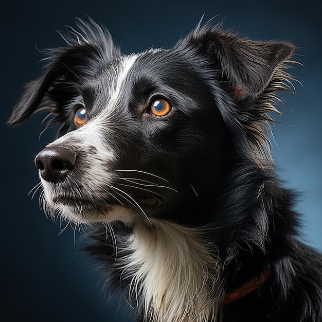 a black and white dog with orange eyes