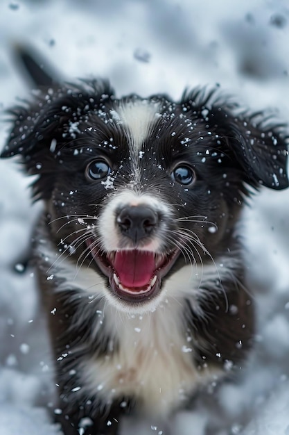 Black and white dog with snow on its fur and look of happiness