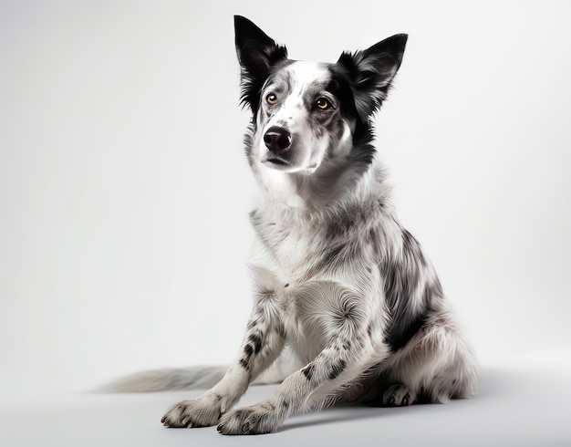 A black and white dog with a white face and black spots.