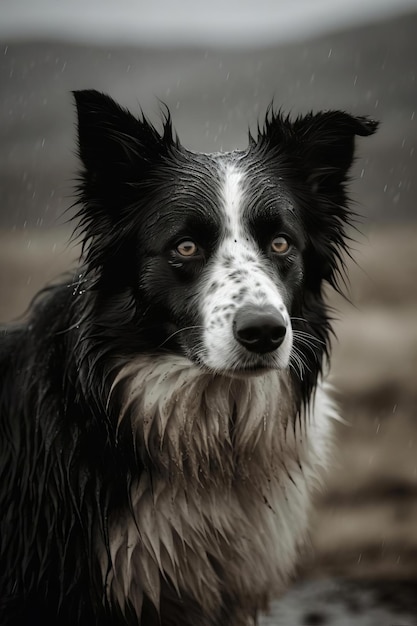 A black and white dog with a white stripe on its face is standing in the rain.