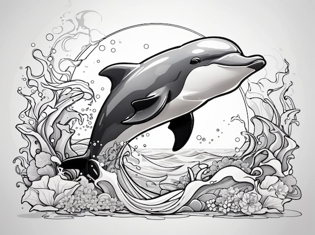 Photo black and white dolphin sketch for coloring