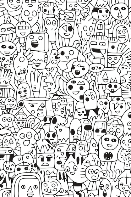 A black and white doodle of many different faces.