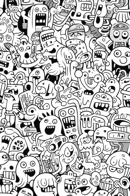 A black and white doodle of many monsters and monsters.