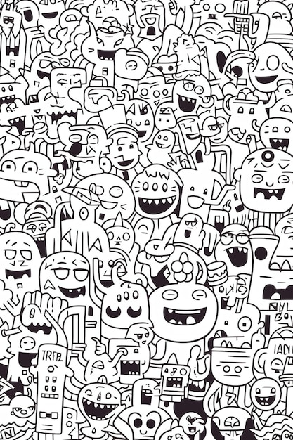 A black and white doodle of many monsters.