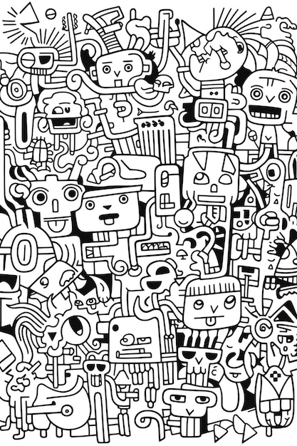 A black and white doodle of many robots and one with the word robot on it.