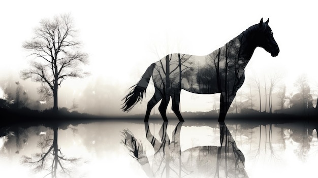 Black and white double exposure merging horse and trees to showcase their connection in nature