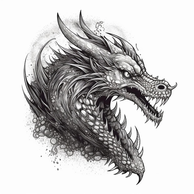 A black and white dragon with a big eye and a big nose.