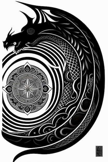 Photo a black and white dragon with a circle in the center.