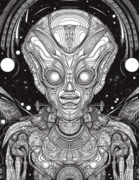 A black and white drawing of a alien with a large head generative ai