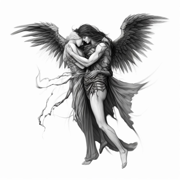 A black and white drawing of an angel hugging a woman generative ai