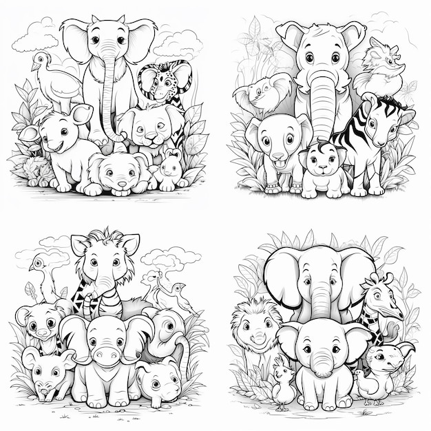 black and white drawing of animals outlined art bold