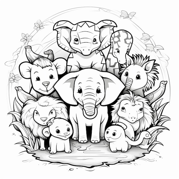 black and white drawing of animals outlined art bold