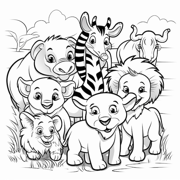 black and white drawing of animals outlined art bold