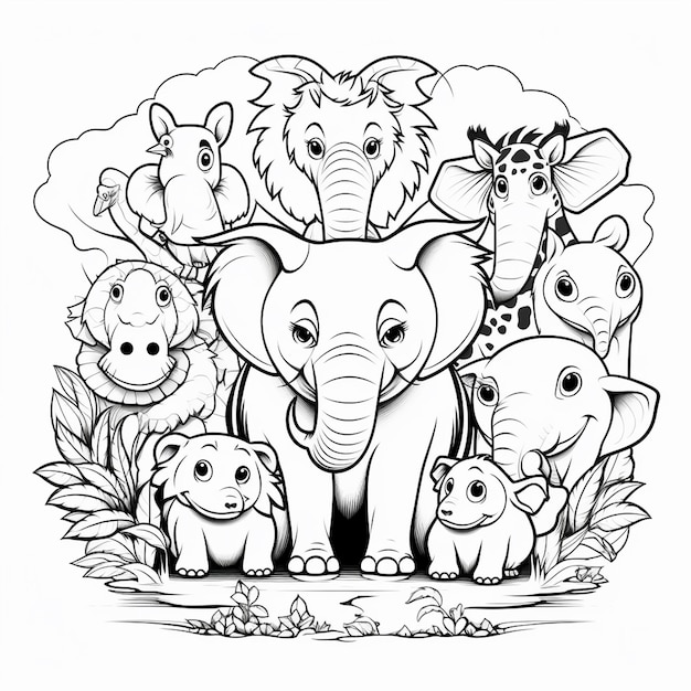 black and white drawing of animals outlined art bold