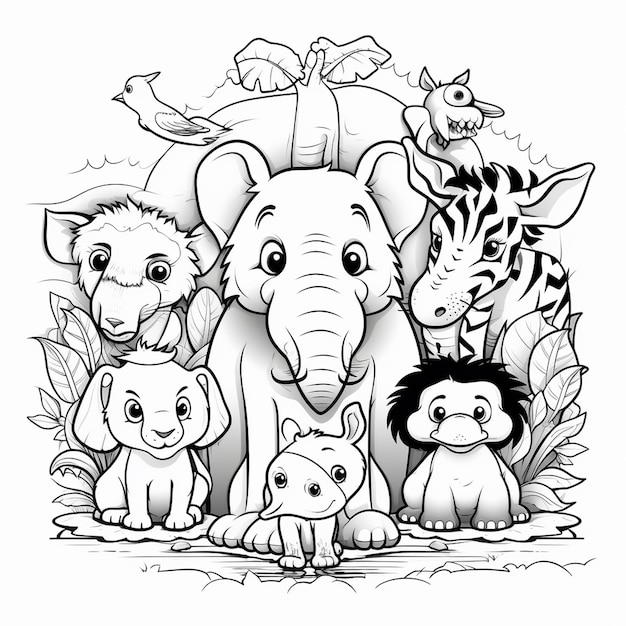 black and white drawing of animals outlined art bold