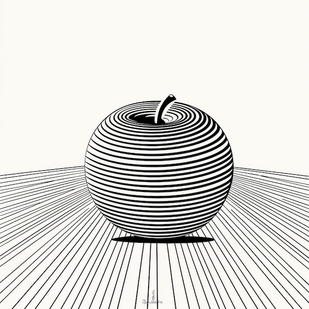 a black and white drawing of an apple with a line drawn on it.