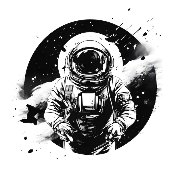 A black and white drawing of a astronaut in a space suit.