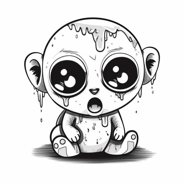 A black and white drawing of a baby monkey with a bleeding face generative ai