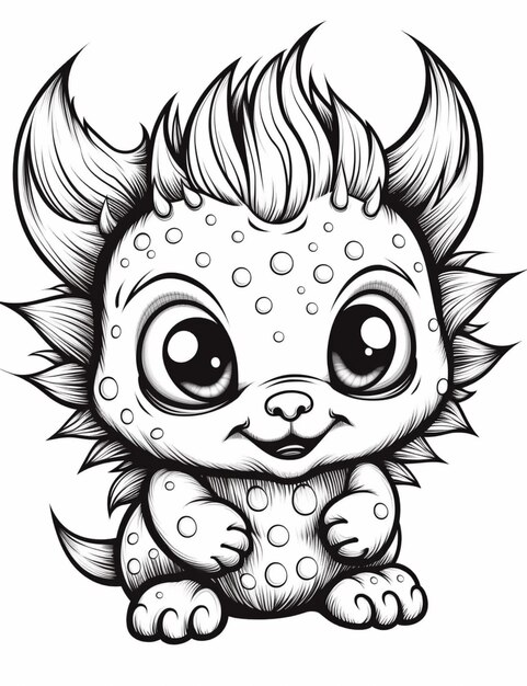 a black and white drawing of a baby monster with big eyes generative ai