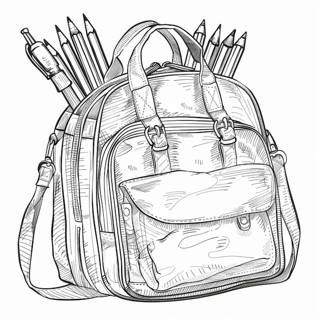 a black and white drawing of a backpack with pens and pencils