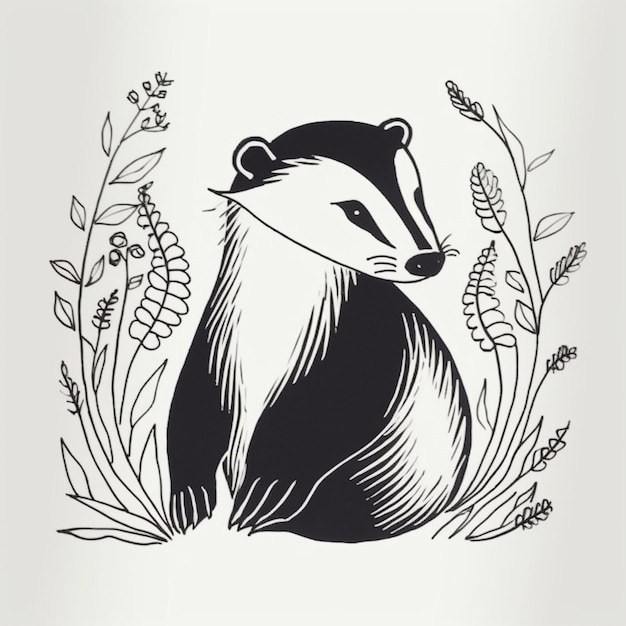 a black and white drawing of a badger in a field of flowers generative ai