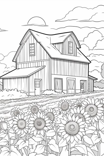 a black and white drawing of a barn and sunflowers generative ai