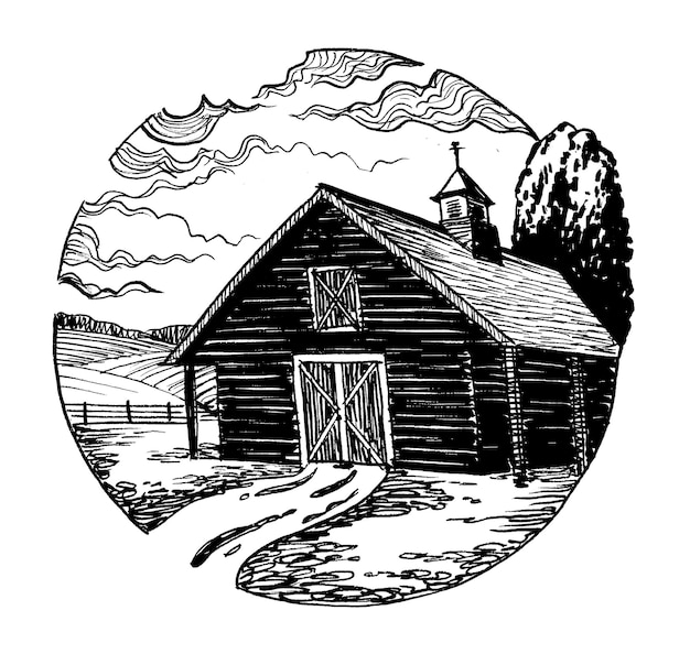 A black and white drawing of a barn with a bell tower on the top.