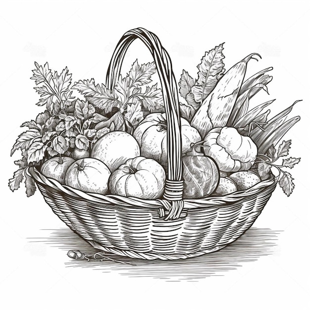 Photo a black and white drawing of a basket of vegetables generative ai