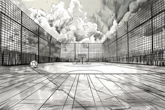 Photo black and white drawing of a basketball court suitable for sports and recreational themes