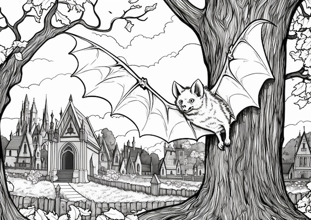 A black and white drawing of a bat flying over a tree generative ai