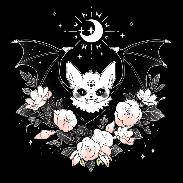 Photo a black and white drawing of a bat with flowers and a crescent generative ai