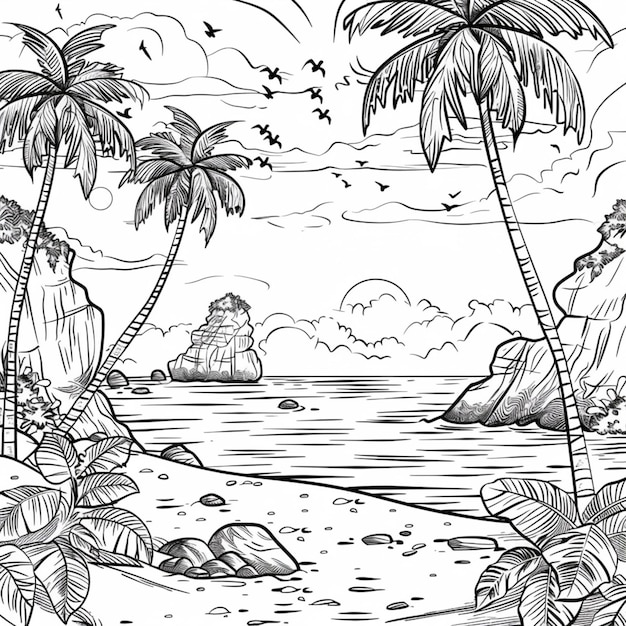 a black and white drawing of a beach with palm trees generative ai