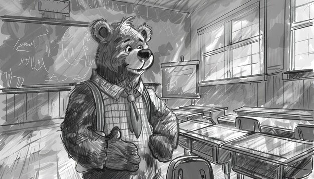 a black and white drawing of a bear in a classroom with a letter a on it