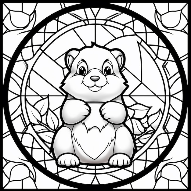 a black and white drawing of a bear in a stained glass window generative ai