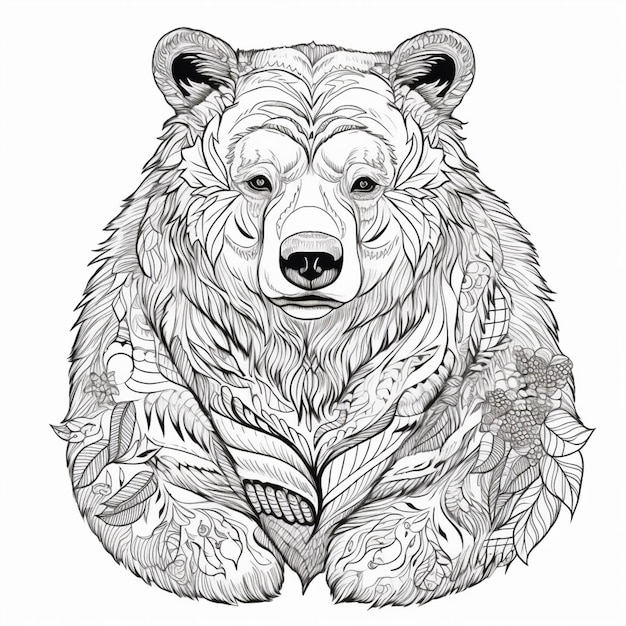 a black and white drawing of a bear with a floral pattern generative ai