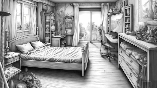 A black and white drawing of a bedroom with a bed and a dresser.