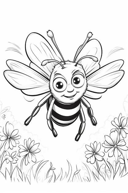 a black and white drawing of a bee flying over a field of flowers generative ai